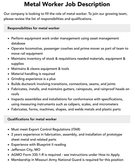 metal sheet worker job description|steel worker duties and responsibilities.